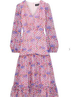 Saloni Devon Silk Midi Dress US 2 | Pink Blue Print Tiered | 100% Silk